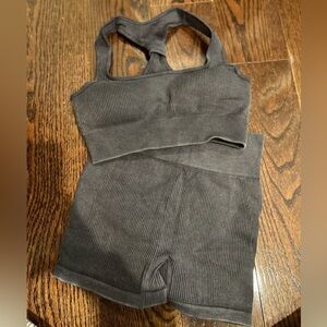 Gray Ribbed Sports Bra and Shorts Set